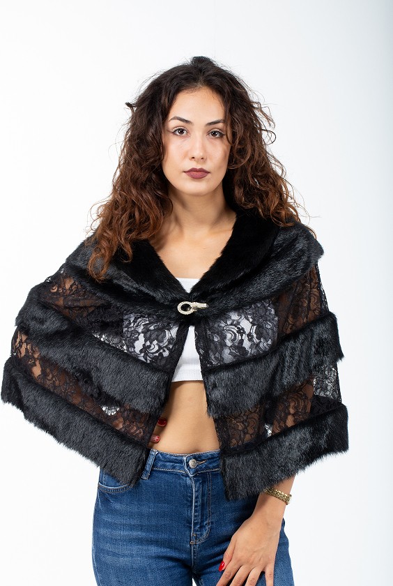 New in Style Newin Style Dantel Detaylarına Sahip Broşlu Gelin Etol Kürk Bolero Siyah