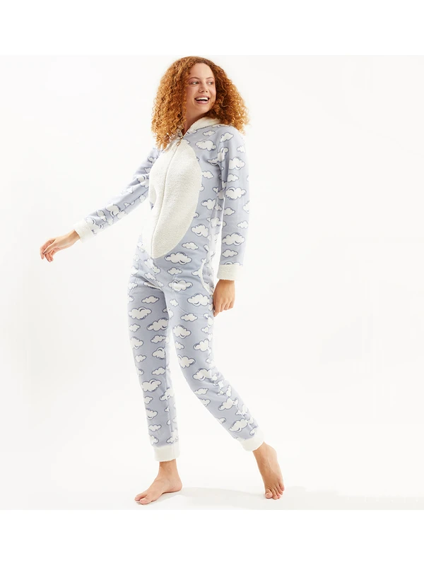 Ecrou Kadın Mavi Bulut Desen Arka Fermuarlı Polar Tulum Pijama