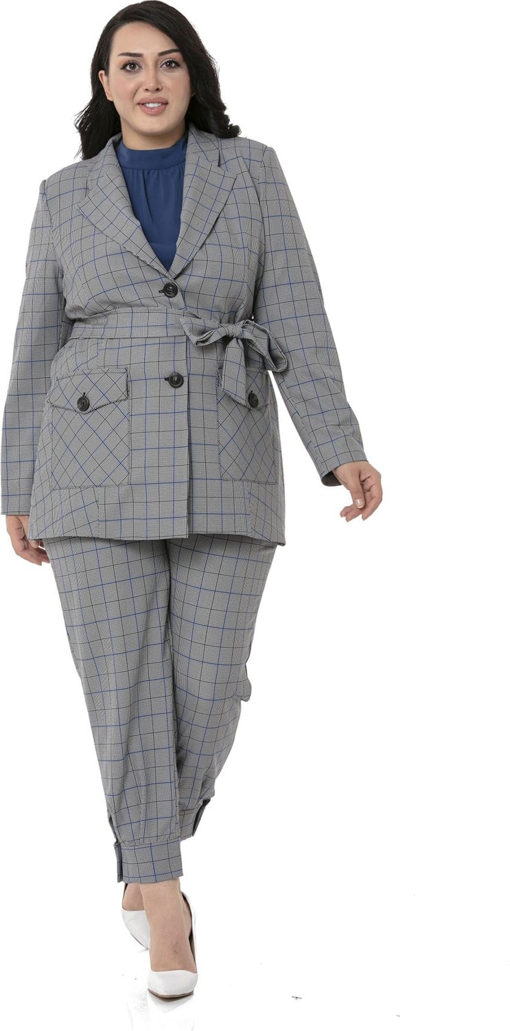 Disentis Modest Büyük Beden Kuşaklı Düğmeli Kapaklı Cepli Astarlı Blazer Siyah Mavi Ceket görsel 4