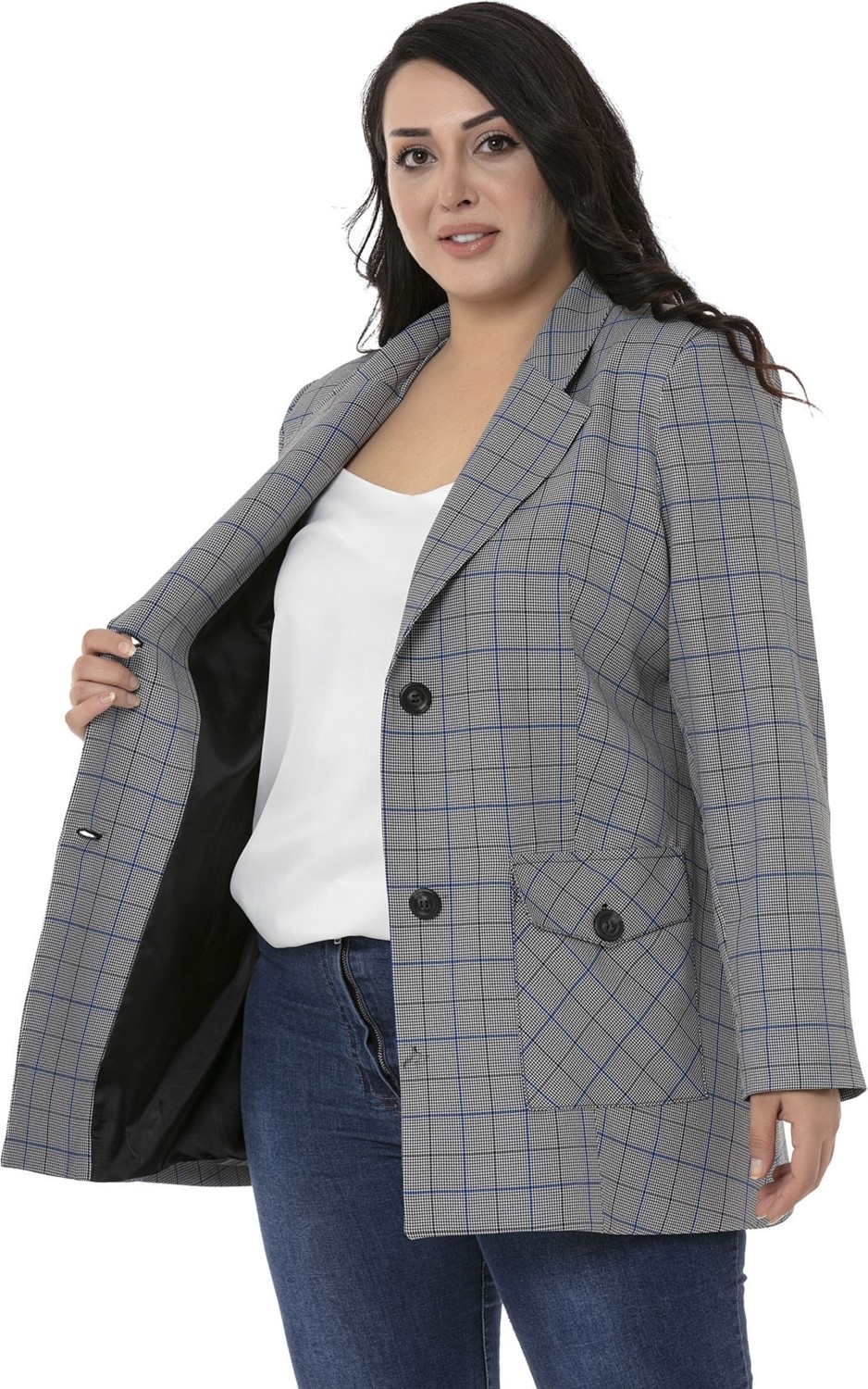 Disentis Modest Büyük Beden Kuşaklı Düğmeli Kapaklı Cepli Astarlı Blazer Siyah Mavi Ceket görsel 5