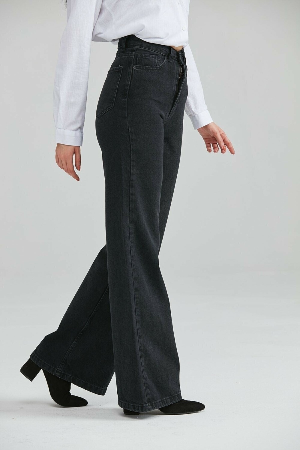Livik Lina Siyah Süper Yüksek Bel Wide Leg Jeans- Likralı Bol Paça Kot Pantolon görsel 3