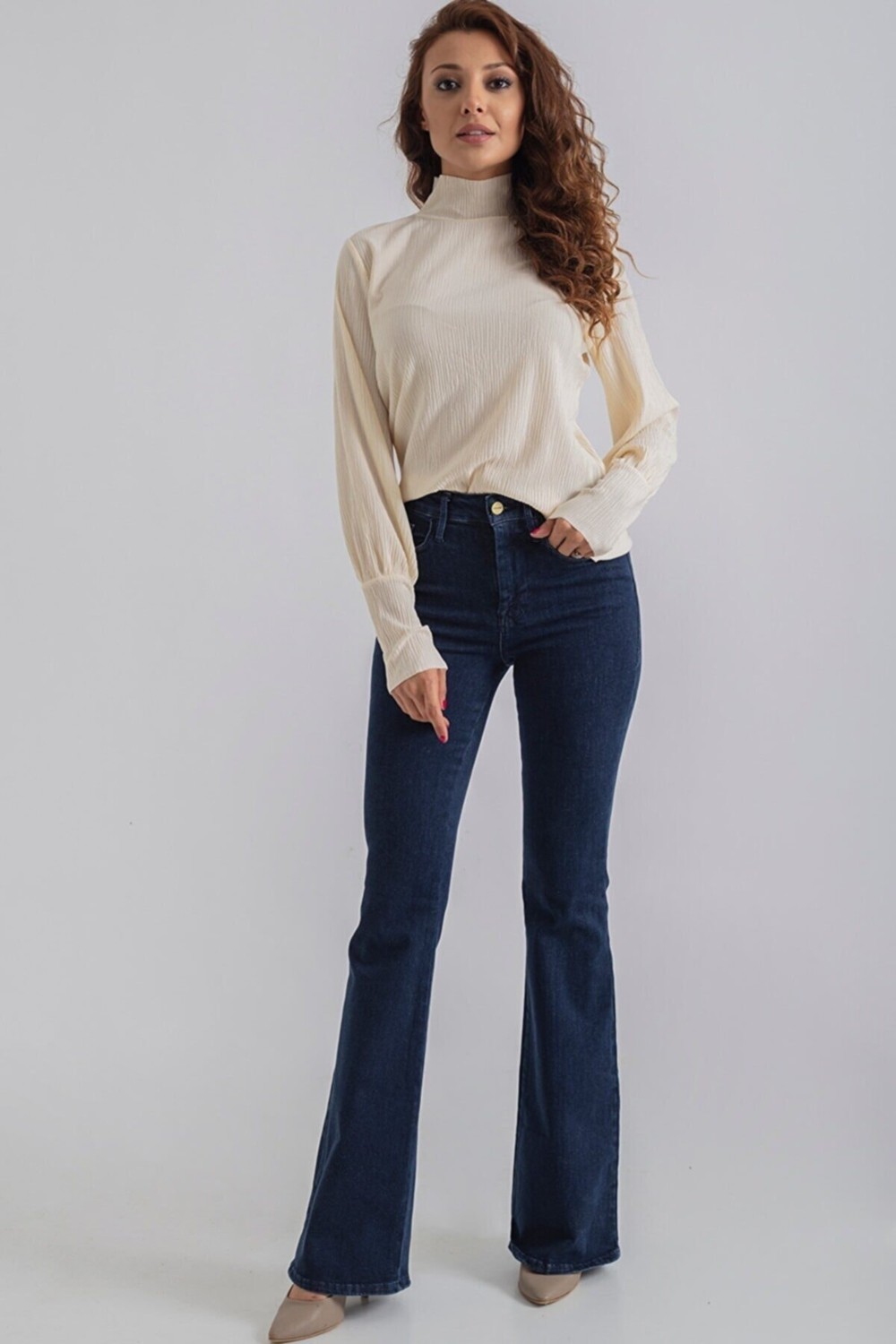 Ramrod Koyu Mavi Flora Ispanyol Paça Kot Pantolon Yüksek Bel Flare Jeans (Toparlayıcı) görsel 5