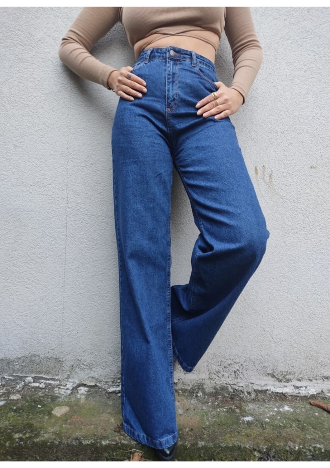 Ramrod Siyah Süper Yüksek Bel Wide Leg Jeans Likralı Bol Paça Kot Pantolon görsel 8