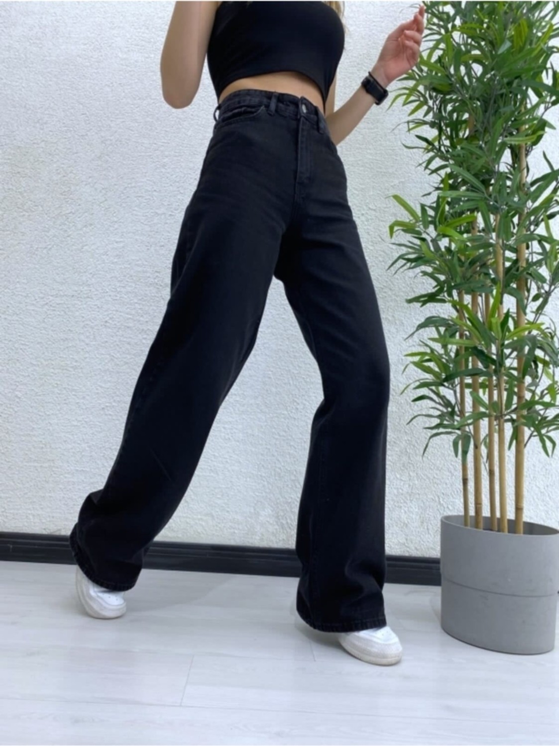Ramrod Siyah Süper Yüksek Bel Wide Leg Jeans Likralı Bol Paça Kot Pantolon
