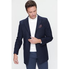 Morven  Erkek Lacivert Düz Dynamic Fit Rahat Kesim Sivri Yaka Kaban