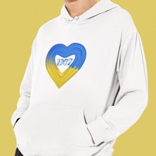 Hediye Kesesi Sarı Lacivert Aşk Baskılı Cepli, Kapşonlu Beyaz Sweatshirt HK2167