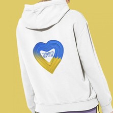 Sarı Lacivert Aşk Baskılı Cepli, Kapşonlu Beyaz Sweatshirt HK2167