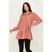 Select Moda Kadın Eteği Volanlı Kadife Tunik Elbise