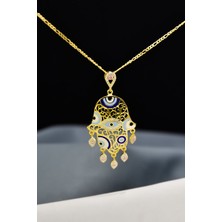 Papatya Silver 925 Ayar Gümüş Gold Kaplama Zirkon Pembe Taşlı Nazar Gözlü Mineli Fatma Eli Kolye