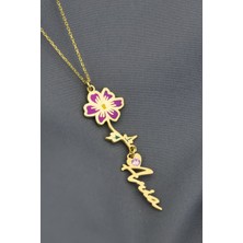 Papatya Silver 925 Ayar Gümüş Gold Kaplama Özel Tasarım Kalp Doğum Taşlı Mineli Ekim Ayı Çiçeği, Isim Kolye