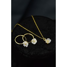Papatya Silver 925 Ayar Gümüş Gold Kaplama Sedef Manolya Çiçeği Kolye ve Halka Küpe Set