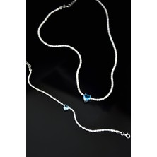 Papatya Silver 925 Ayar Gümüş Rodyum Kaplama Zirkon Taşlı Su Yolu, Mavi Tek Taş Kalp Kolye ve Bileklik Set