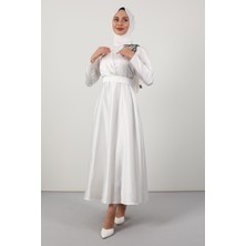 Giza Store Omzu Taşlı Saten Abiye Beyaz