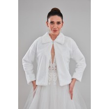 Newin Style Çift Yaka Uzun Kol Beyaz Gelin Etol Kürk Bolero