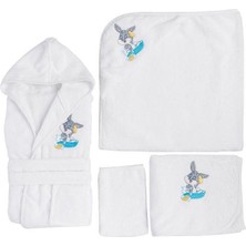 Özdilek Bugs Bunny Nakışlı Bebek Bambu Bornoz Seti Beyaz