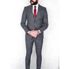 Jan Carlucci Erkek Slim Fit Sivri Yaka Gri Yelekli  Drop 6 Takım Elbise