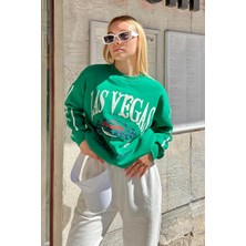 Swist Yeşil Las Vgs Baskılı Içi Pamuklu Kadın Sweatshirt
