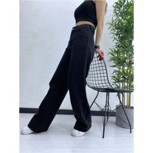 Trn JNS Siyah Süper Yüksek Bel Wide Leg Jeans Likralı Bol Paça Kot Pantolon
