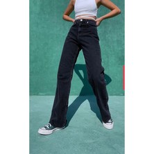 Livik  Kadın Twilight Likralı Kadın Siyah Süper Yüksek Bel Likralı Bol Paça Denim Kot Pantolon
