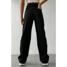 Livik Kadın Siyah Yüksek Bel Likralı Bol Paça Denim Kot Pantolon- Wide Leg