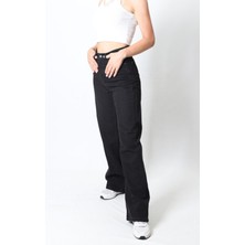 Trn JNS Kadın Siyah Yüksek Bel Geniş Paça Wide Leg Kot Pantolon