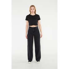 Trn JNS Siyah Wide Leg Etkili Fermuarlı Süper Yüksek Bel Jeans Salaş Kot Pantolon ( Solmaz Kumaş)