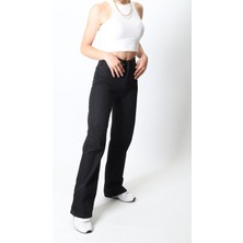 Trn JNS Siyah Salaş Süper Yüksek Bel Geniş Paça - Wide Leg Likralı Kot Pantolon