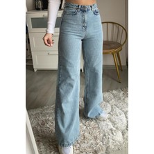 Livik  Khan Mavi Kar Yıkama Süper Yüksek Bel Wide Leg Jeans- Likralı Bol Paça Kot Pantolon