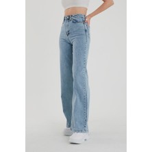 Livik  Khan Mavi Kar Yıkama Süper Yüksek Bel Wide Leg Jeans- Likralı Bol Paça Kot Pantolon