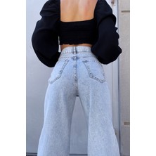 Livik  Hulk Mavi Yüksek Bel Bol Paça Denim Kot Pantolon