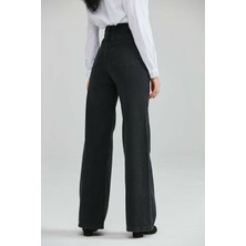 Livik   Solmaz Siyah Likralı Bol Paça Jean -Bol Wide Leg Kot Pantolon
