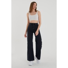 Trn JNS Kadın Siyah Yüksek Bel Geniş Paça Wide Leg Kot Pantolon