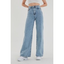 Livik Kadın Mavi Kar Yıkama Salaş  Yüksek Bel Likralı Bol Paça Denim Kot Pantolon