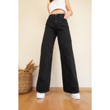 Trn JNS Alyona  Siyah Likralı  Salaş Wide Leg  Jean - Yüksek Bel Kot Pantolon