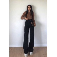 Livik Kadın Leon Siyah Yüksek Bel Bol Paça Denim Kot Pantolon Salaş Konforlu Model