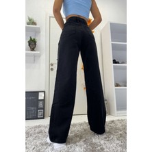 Trn JNS Siyah Salaş Likralı Wide Leg Jeans  - Salaş Süper Yüksek Belli Likralı Kot Pantolon