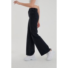 Trn JNS Solmayan  Siyah Likralı Süper Yüksek Bel Wide Leg Jean Salaş Geniş Paça Kot Pantolon