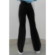 Trn JNS Siyah Rahat Kalıp Wide Leg Jeans  - Salaş Süper Yüksek Belli Likralı Kot Pantolon