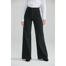 Livik   Solmaz Siyah Likralı Bol Paça Jean -Bol Wide Leg Kot Pantolon