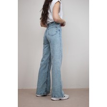 Livik Kadın Mavi Kar Yıkama Salaş  Yüksek Bel Likralı Bol Paça Denim Kot Pantolon