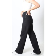 Trn JNS Kadın Siyah Yüksek Bel Geniş Paça Wide Leg Kot Pantolon