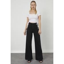 Livik Della Siyah Süper Likralı Süper Yüksek Bel Bol Paça Salaş -Kot Pantolon