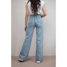 Livik Kadın Mavi Kar Yıkama Salaş Süper Yüksek Bel Likralı Bol Paça Denim Kot Pantolon