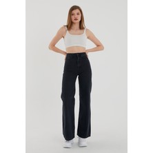 Trn JNS Kadın Siyah Yüksek Bel Geniş Paça Wide Leg Kot Pantolon