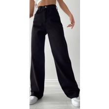 Livik Kadın Samira Siyah Likralı Süper Yüksek Bel Bol Paça Kot Pantolon