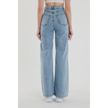 Ramrod  Özel Tasarım Kadın Mavi Kar Yıkama Süper Yüksek Bel Likralı Bol Paça Denim Kot Pantolon