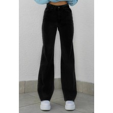 Ramrod Kadın Siyah Bol Paça Solmayan Yüksek Bel Jean Pantolon Bolpaça