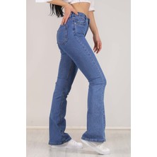 Ramrod Orta Mavi Ispanyol Paça Kot Pantolon Yüksek Bel Flare  Jeans