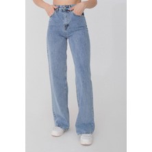 Ramrod Kadın  Mavi Cep Detaylı Süper Yüksek Bel  Wide Leg Jeans Salaş  Bol Paça Kot Pantolon  ( Likralı )
