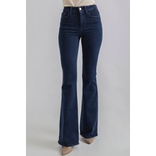 Ramrod Kadın Koyu Mavi Yüksek Bel Flare Jeans Toparlayıcı Özellikli Likra Kumaşlı Model